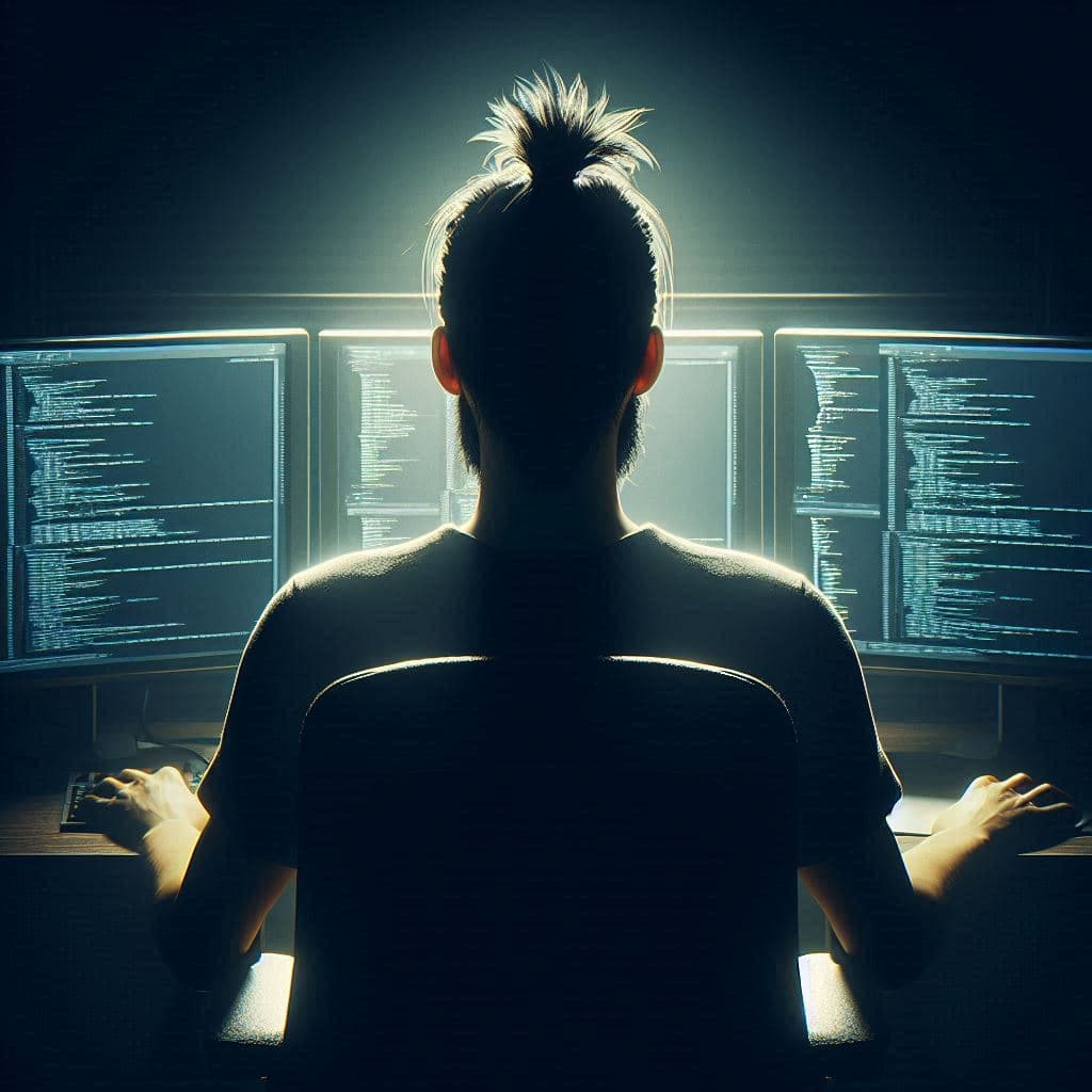 Programmer with dreadlocks is sitting in front of three monitors and writing code