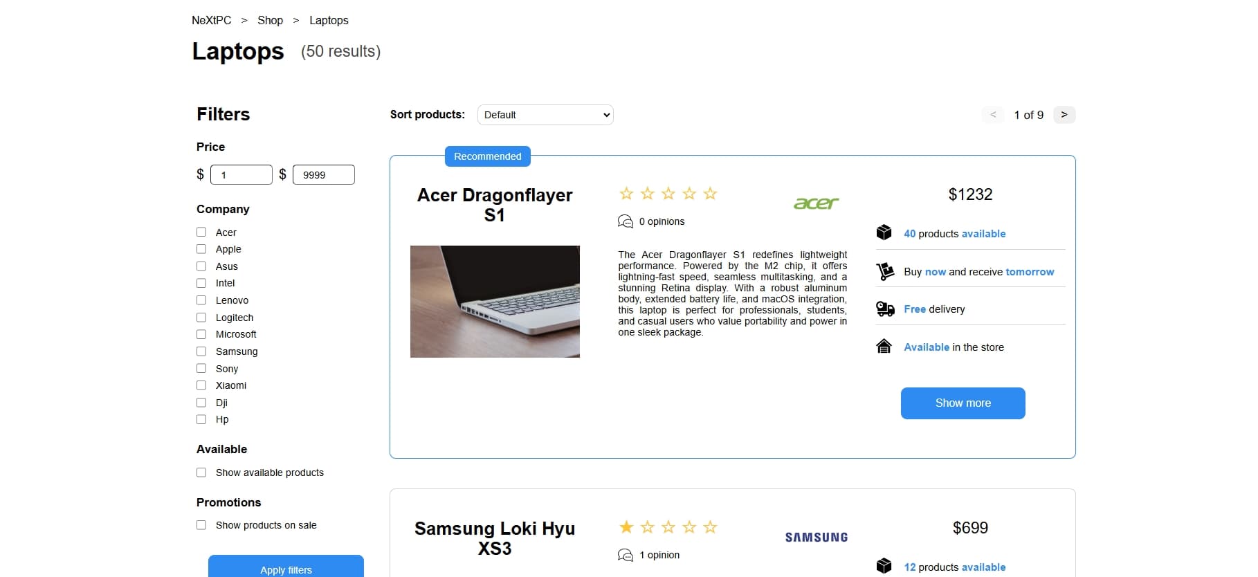 Shop site in laptops category on the nextpc shop app