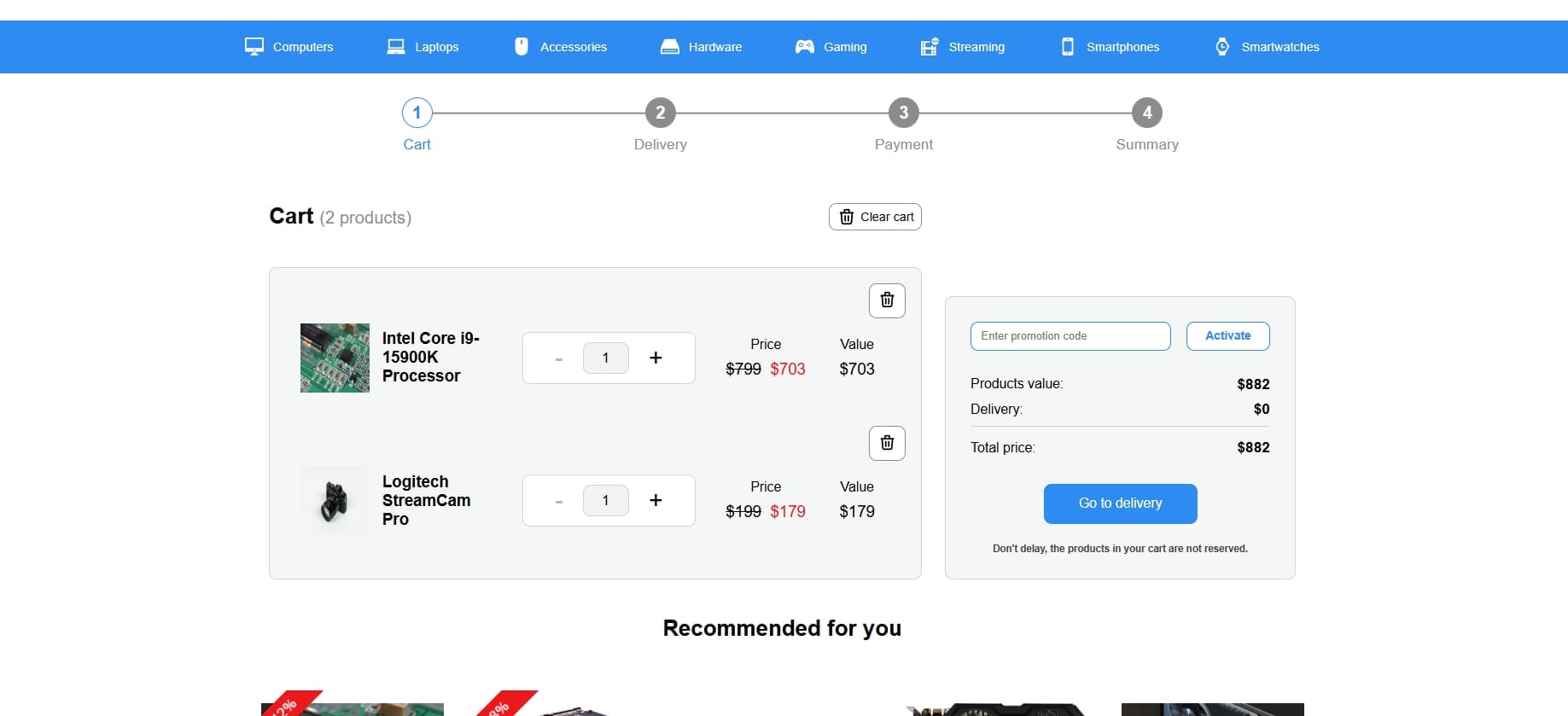 View of the cart in nextpc shop app