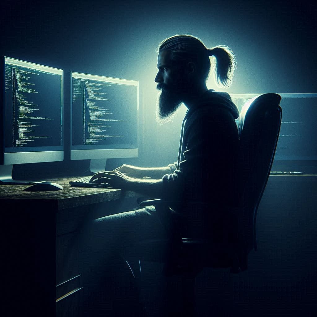 Programmer with dreadlocks is sitting in front of three monitors and writing code